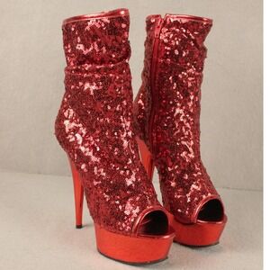 Pleaser Red Sequin Platform Ankle Boots Peep Toe Stiletto Heel Womens Size 8